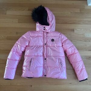 Justice Girls Pink Black Puffer Coat Size Large 12/14